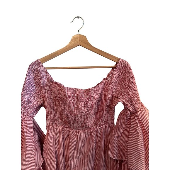 Gianni Bini Off-Shoulder Ruffled Bell Sleeve Red Striped Mini Dress Women's M - Picture 3 of 4